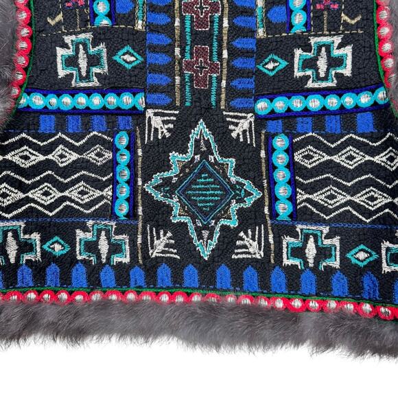 Christophe Sauvat Embroidered Vest Large Rabbit Fur Trim Boho Luxe Brown Blue - Picture 5 of 10
